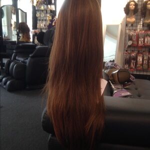 Long burgundy with bangs wig available only